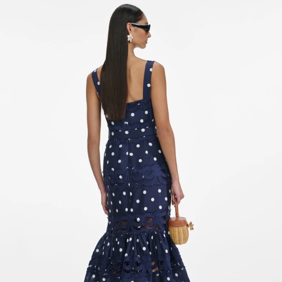 self-portrait Navy Polka Dot Linen Midi Dress Size: US2 - MSRP $690 - NWT - Picture 3 of 8